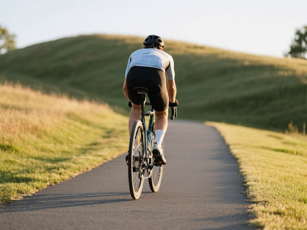 cyclist approaching a gentle hill and shifting gears on a paved bike path