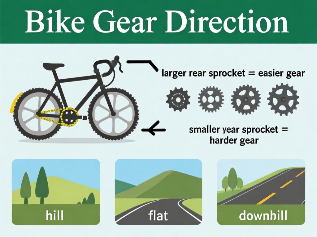 clean instructional infographic titled “Bike Gear Direction,” showing a bicycle drivetrain with two labeled front chainrings and five labeled rear sprockets; arrows say “larger rear sprocket = easier gear” and “smaller rear sprocket = harder gear,” with three road scenes labeled “hill,” “flat,” and “downhill,” bold readable sans-serif text
