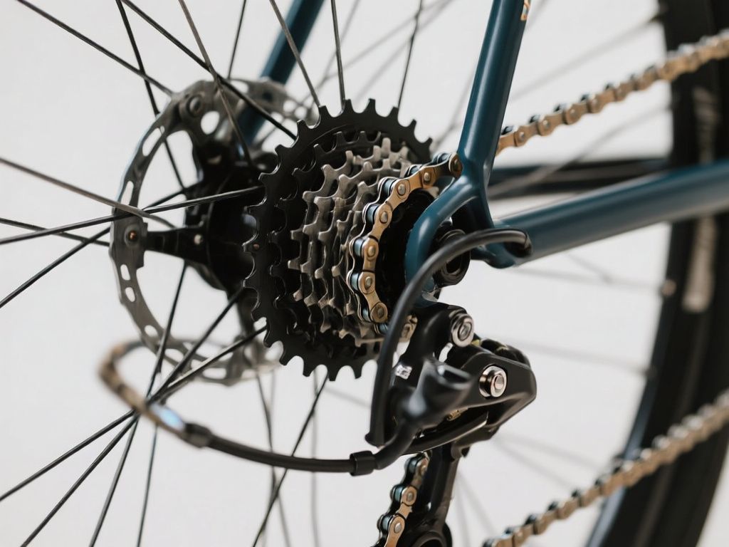 close-up bicycle drivetrain showing clean chain moving across rear sprockets