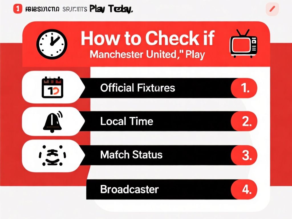 clean sports infographic titled “How to Check if Manchester United Play Today,” with a four-step horizontal flow showing “1. Official Fixtures,” “2. Local Time,” “3. Match Status,” and “4. Broadcaster,” using red, black, and white colors, clear sans-serif text, and simple icons for calendar, clock, alert, and television