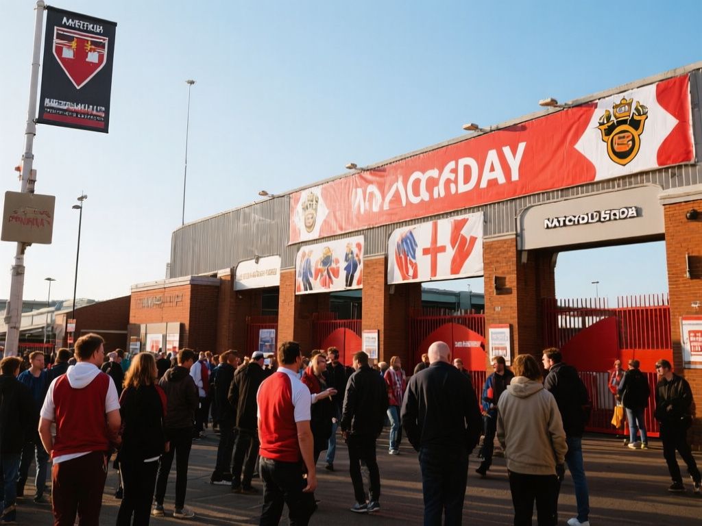 fans gathering near Old Trafford turnstiles beneath matchday banners
