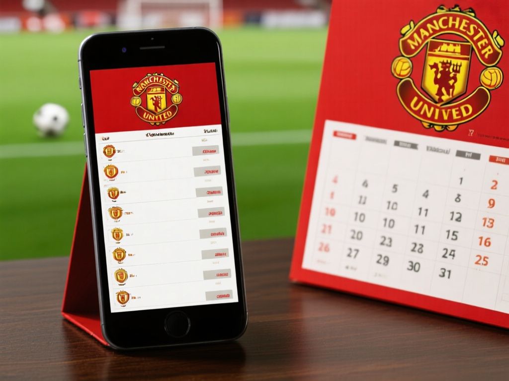 smartphone displaying Manchester United fixtures beside a football calendar