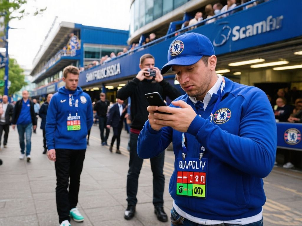 Chelsea supporters checking a final score on phones outside Stamford Bridge