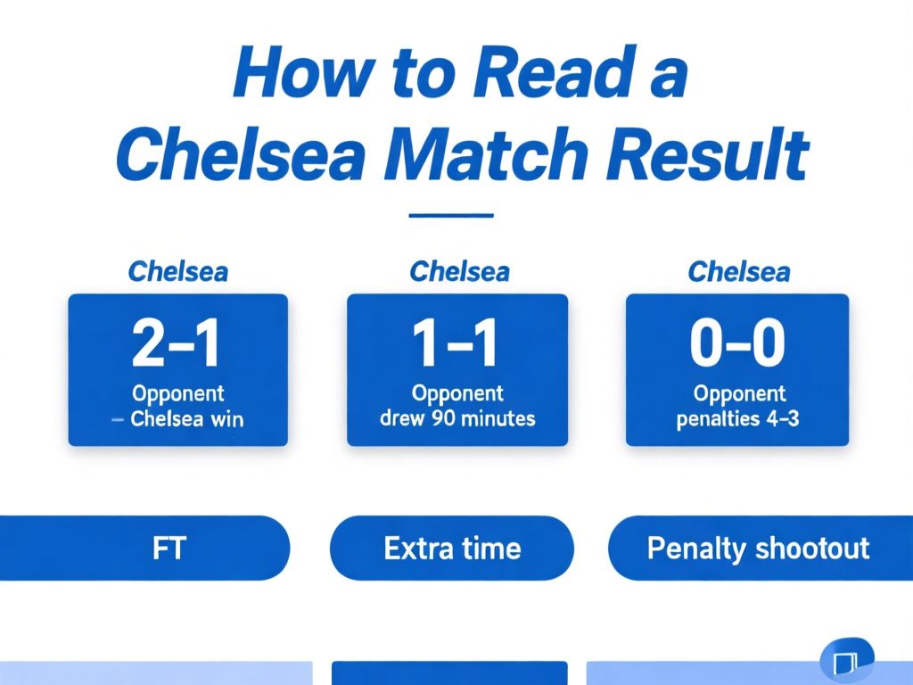 clean sports-results infographic titled “How to Read a Chelsea Match Result,” showing three score examples in separate boxes: “Chelsea 2–1 Opponent — Chelsea win,” “Chelsea 1–1 Opponent — draw after 90 minutes,” and “Chelsea 0–0 Opponent, penalties 4–3 — Chelsea advance”; include labels “FT,” “Extra time,” and “Penalty shootout,” white background, blue accents, bold sans-serif text