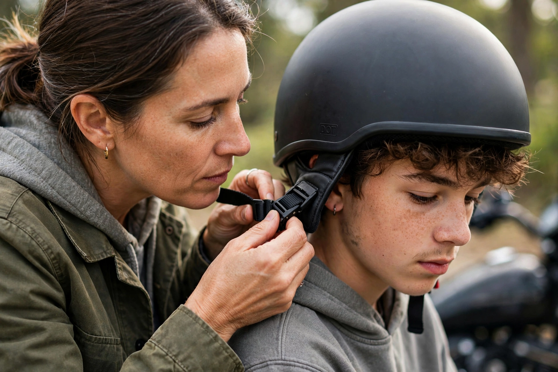 Fastening a motorcycle helmet chin strap on a passenger