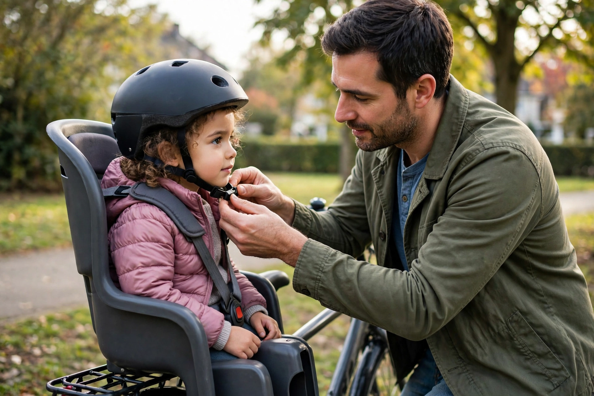 Parent fitting a bicycle helmet on a child passenger in Pennsylvania