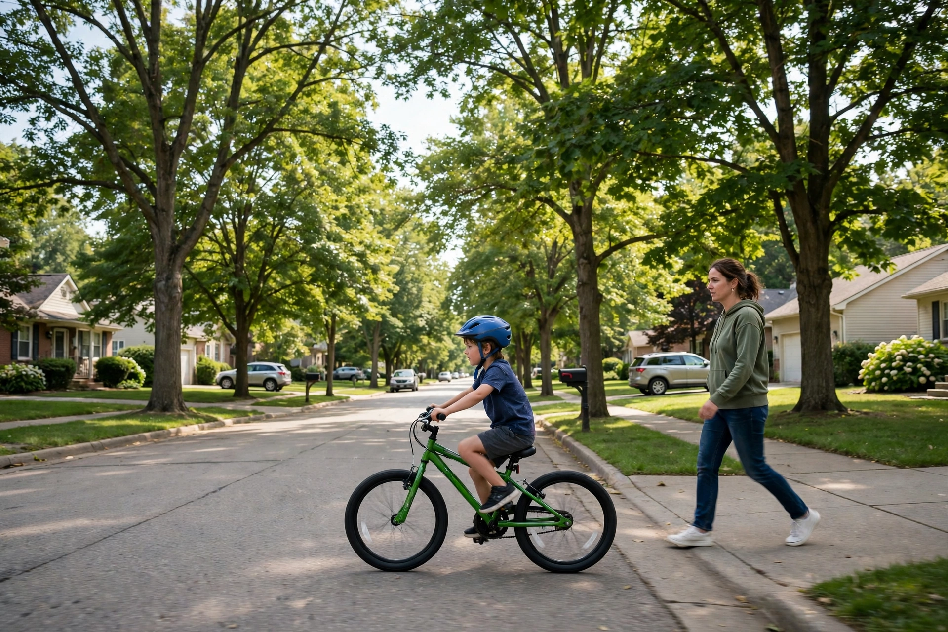 Child wearing a bicycle helmet while riding a bike in Illinois