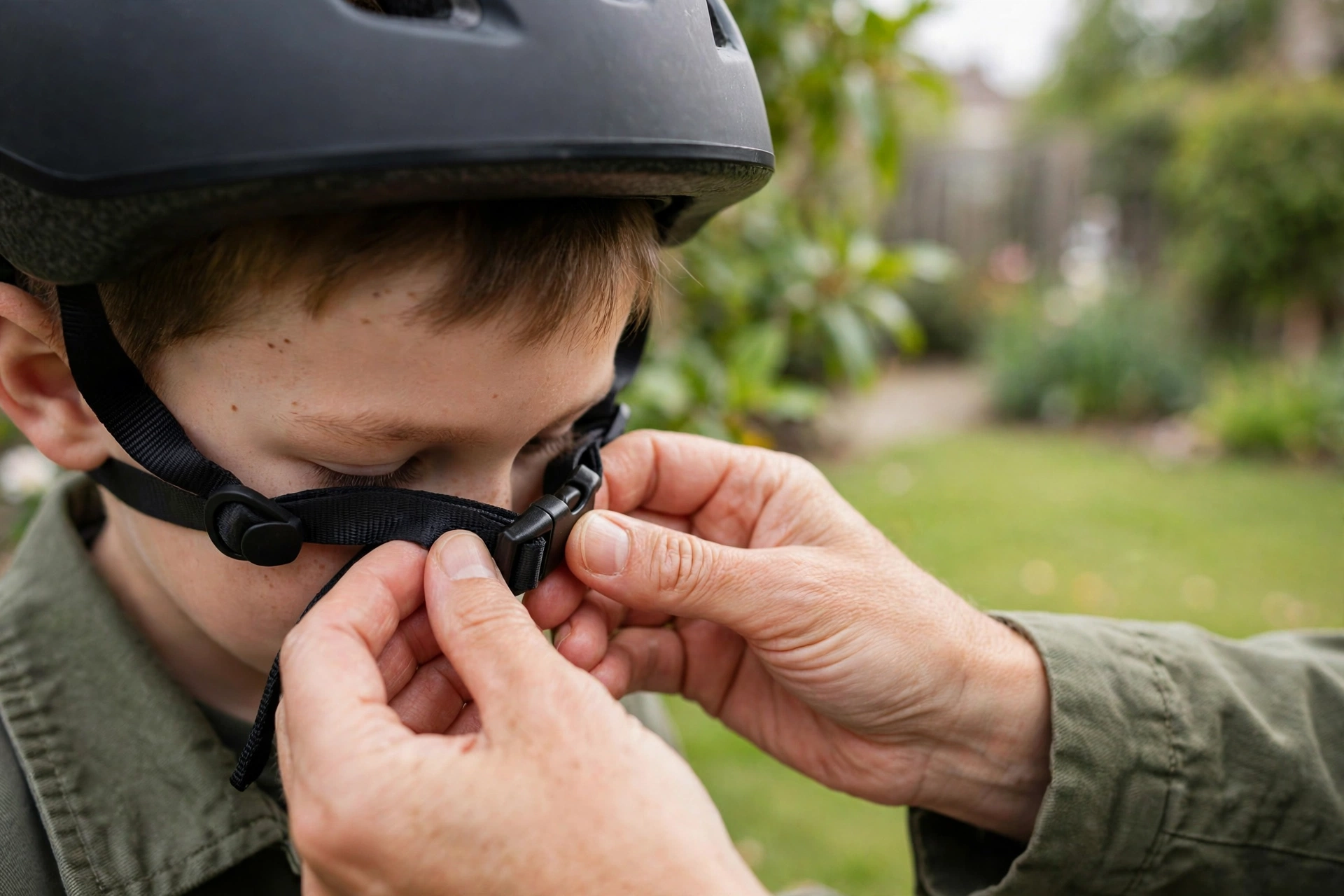 Parent adjusting a child's bicycle helmet strap for a proper fit