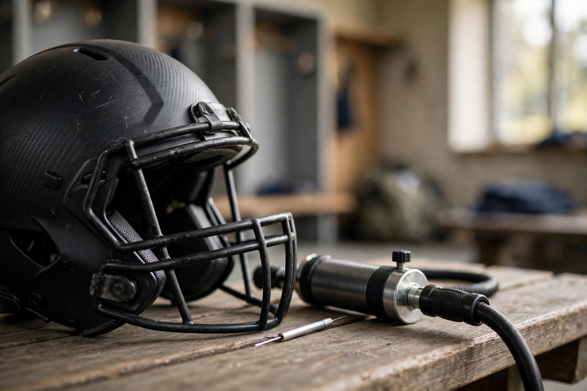 Football helmet with air pump and inflation needle for adjusting fit