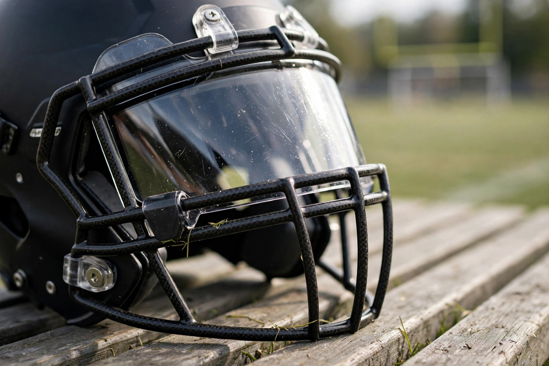 Clear visor on a football helmet facemask, the type allowed in high school play