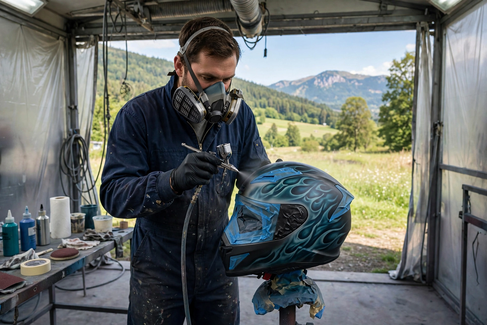 painting a motorcycle helmet safely by a professional helmet painter