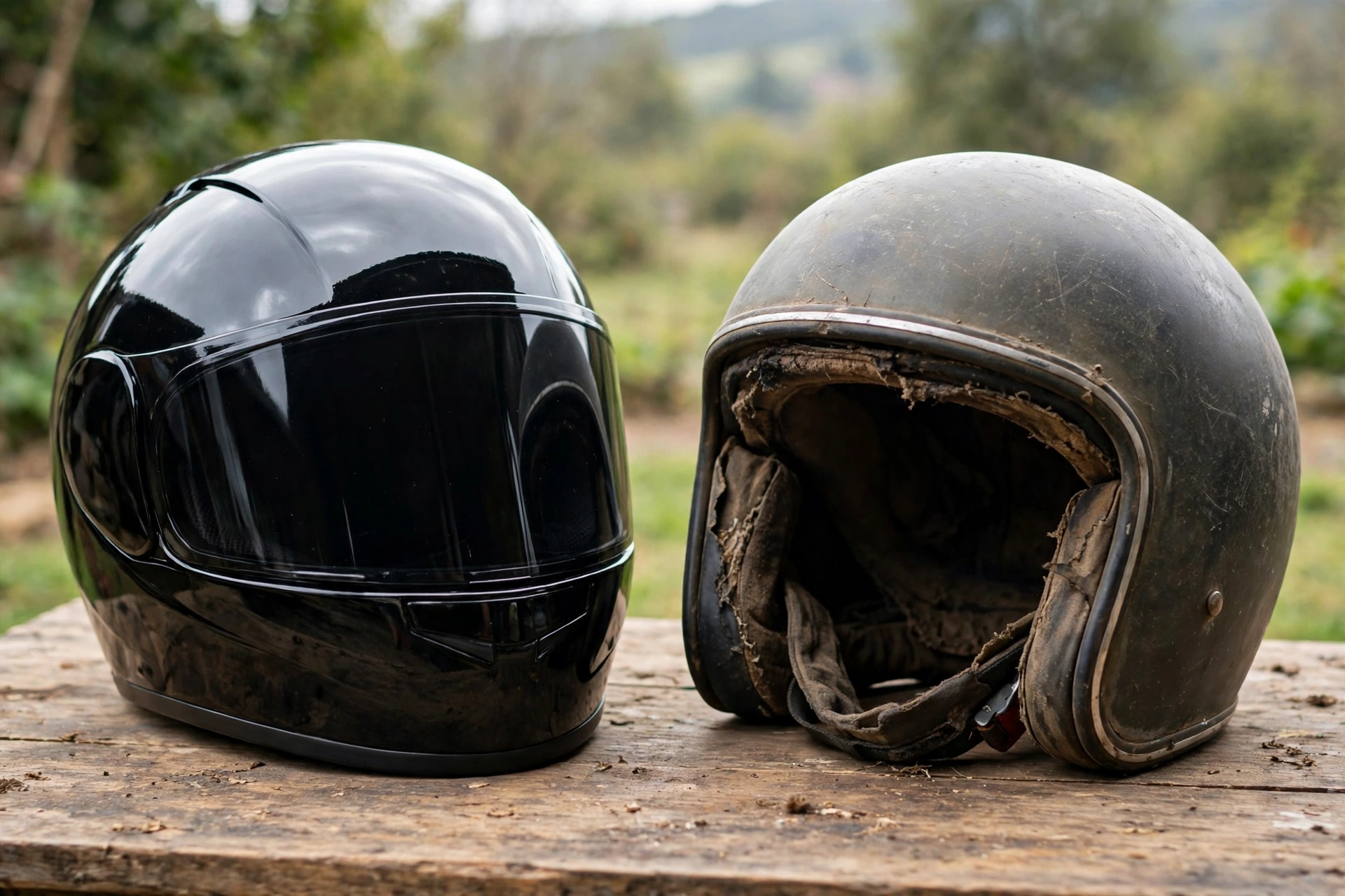 New motorcycle helmet next to an older helmet showing worn liner and faded shell