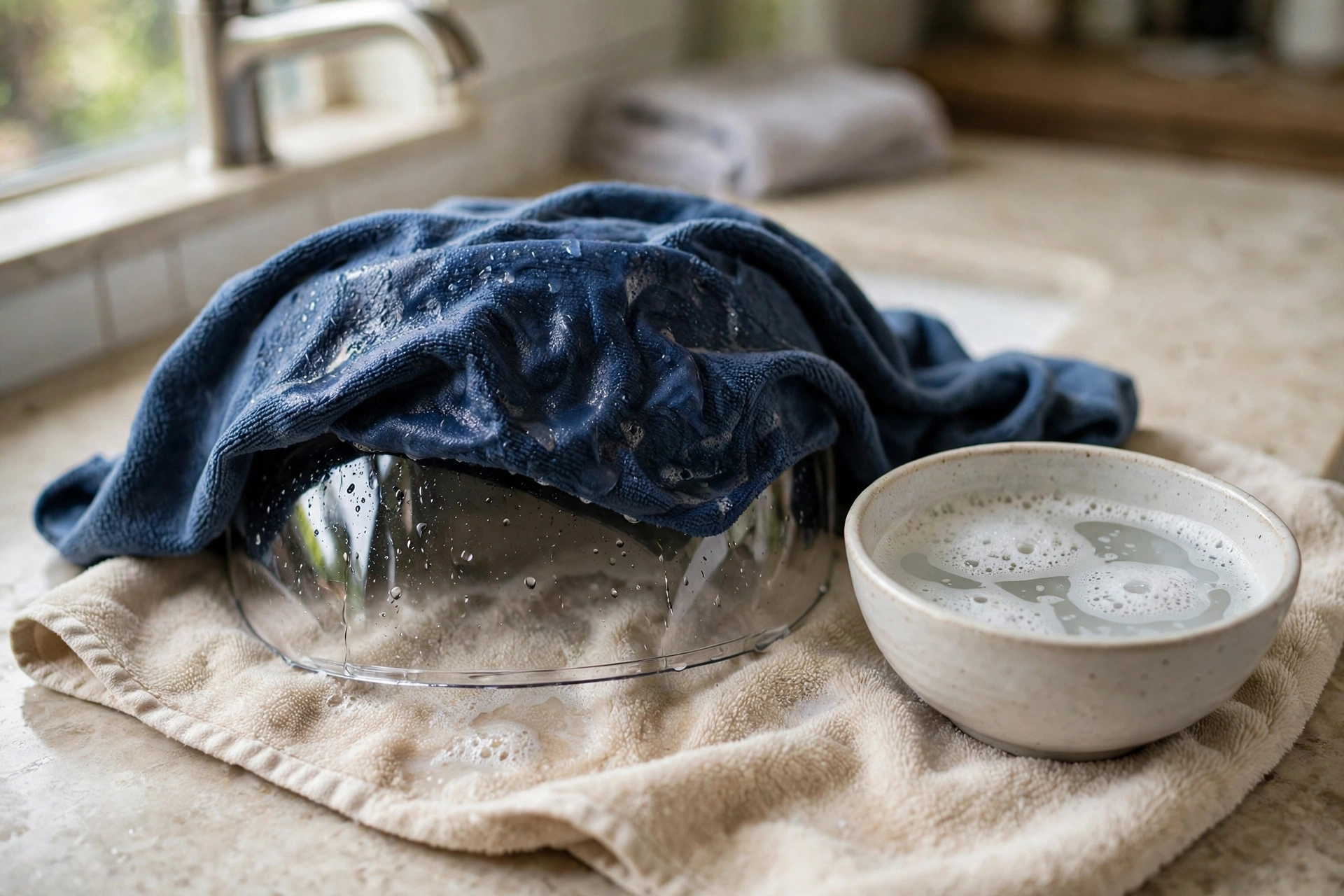 How to clean a motorcycle helmet visor by soaking off dirt with a wet microfiber cloth