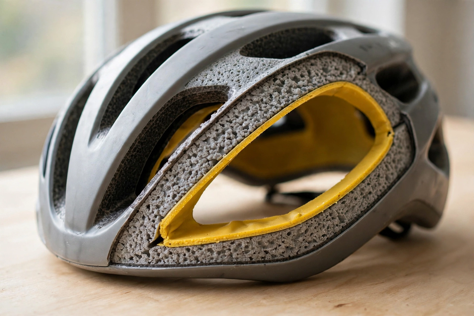Cutaway helmet showing the MIPS slip-plane liner inside the EPS foam