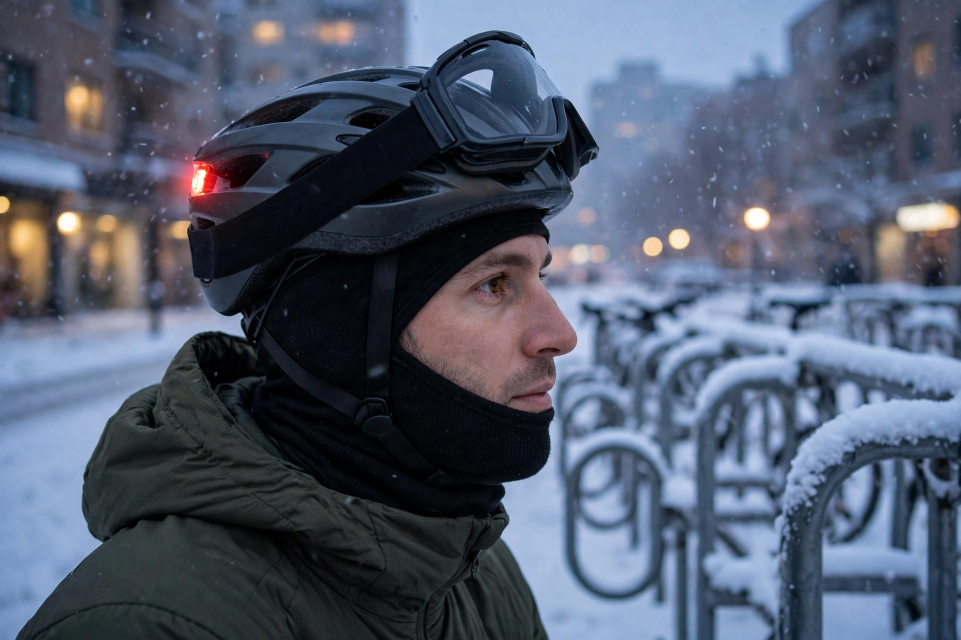 winter cycling helmet for fat bike and commuter riders with balaclava and goggles fit