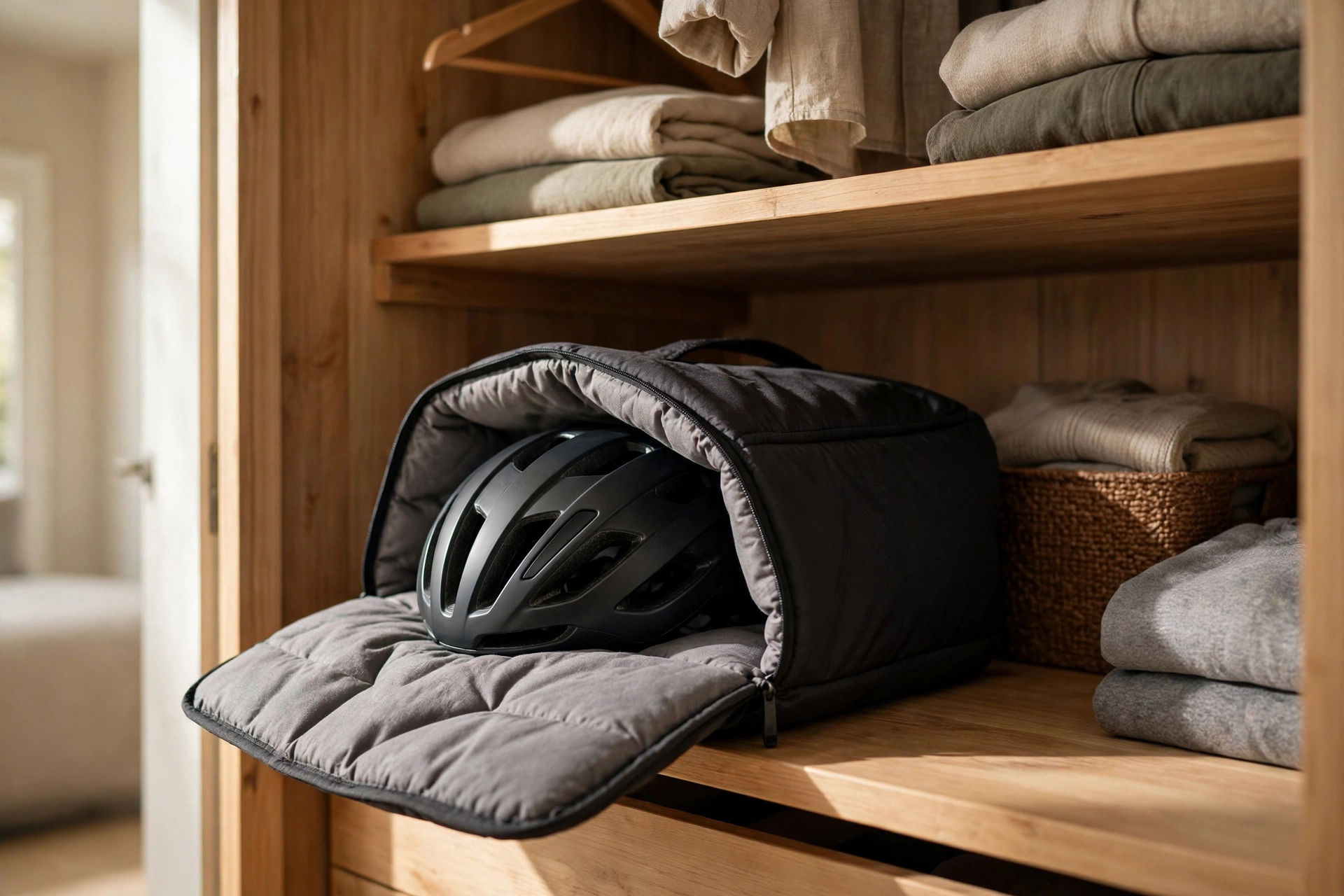 how to store a bike helmet in a bag on a shelf