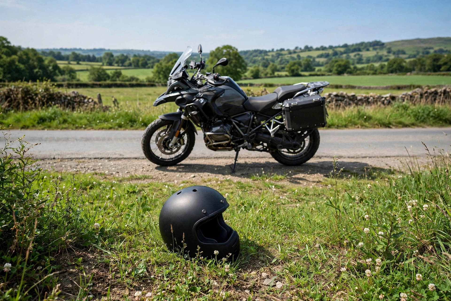 Motorcycle helmet on the ground behind a stopped bike as a biker distress signal