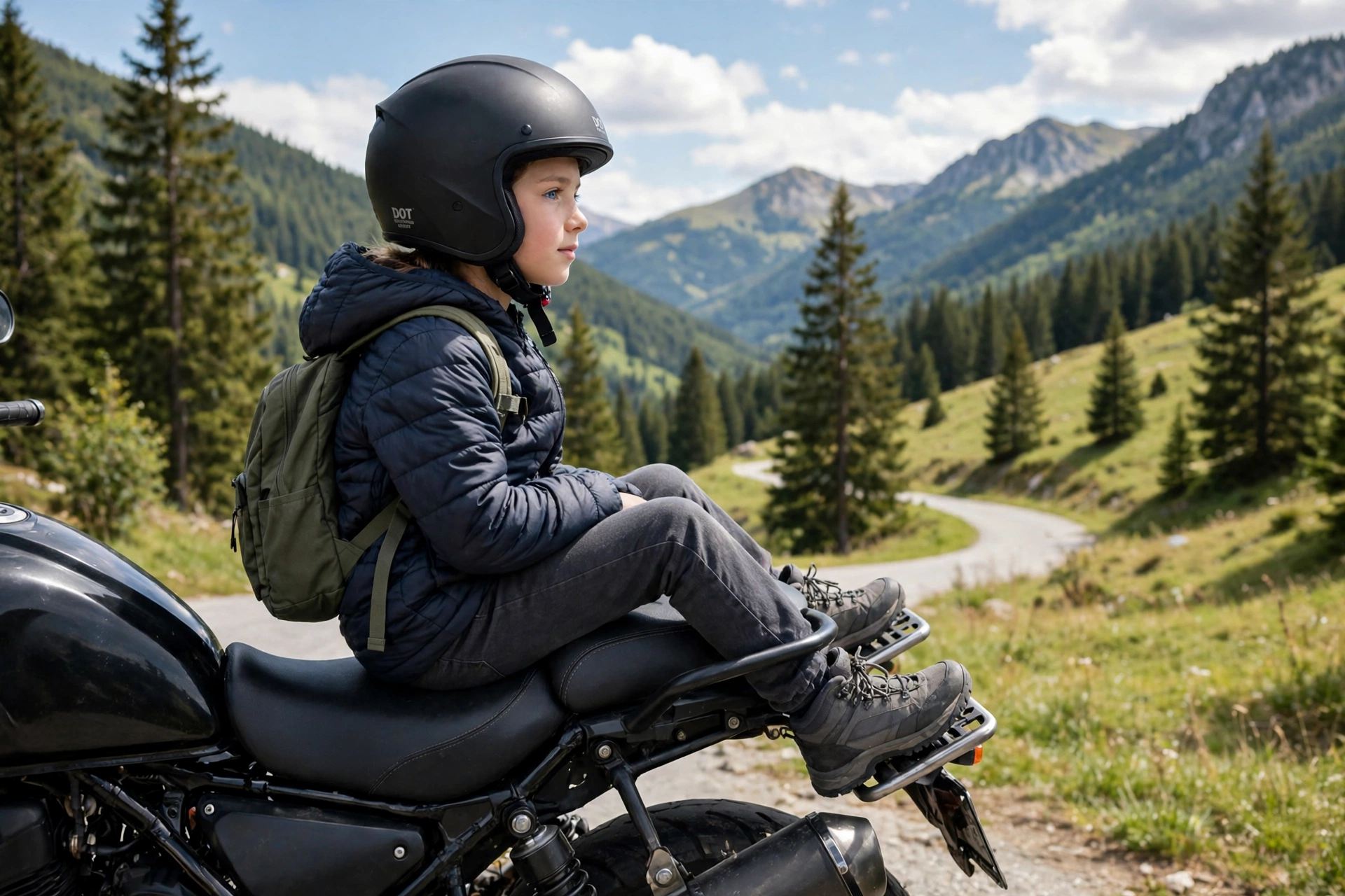 child motorcycle passenger in California wearing a DOT helmet with feet reaching the footrests