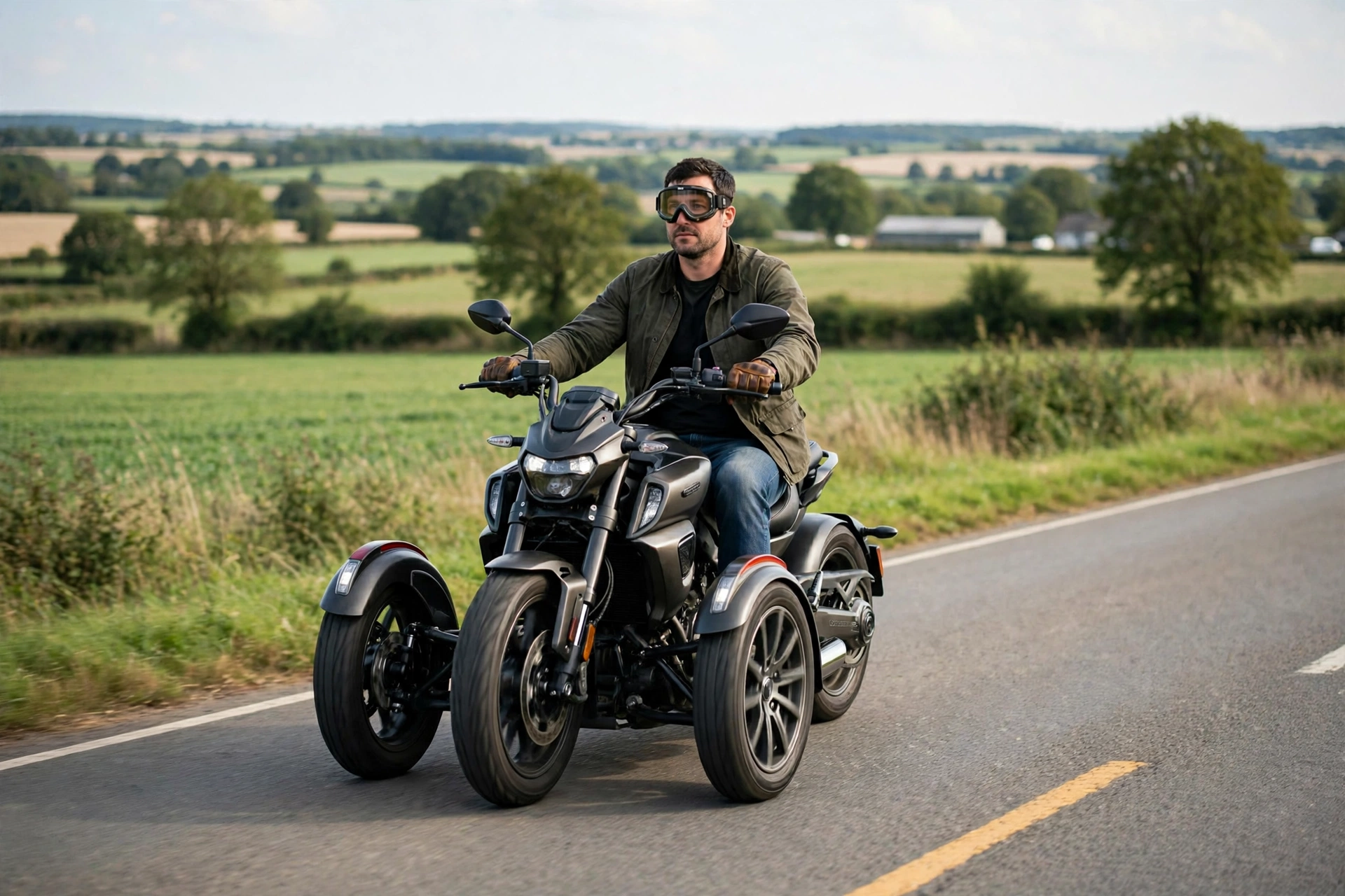 Rider on a three-wheeled motorcycle in Illinois where no helmet is required by law