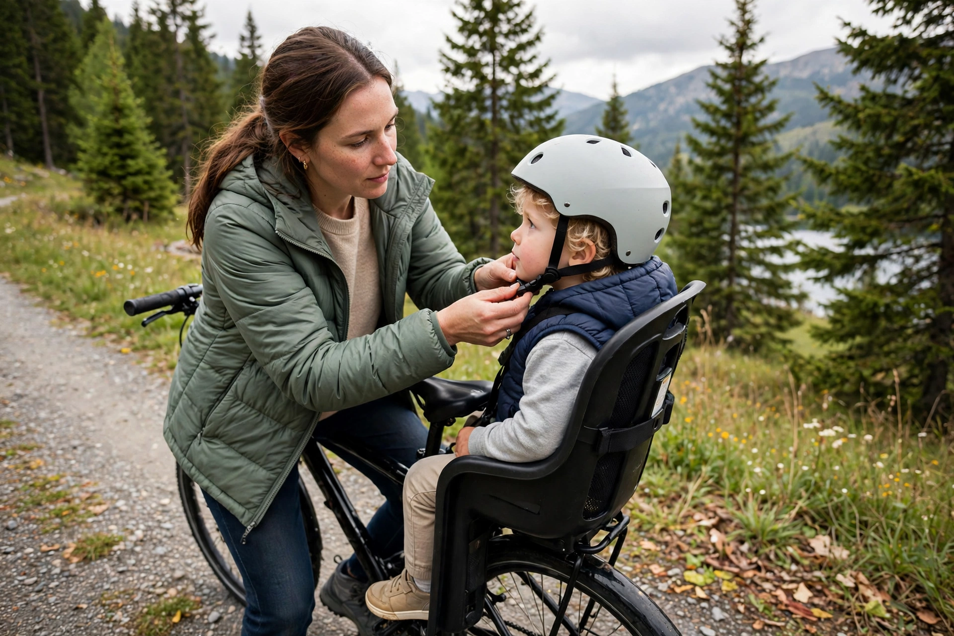 Toddler wearing a properly fitted helmet in a bicycle child seat