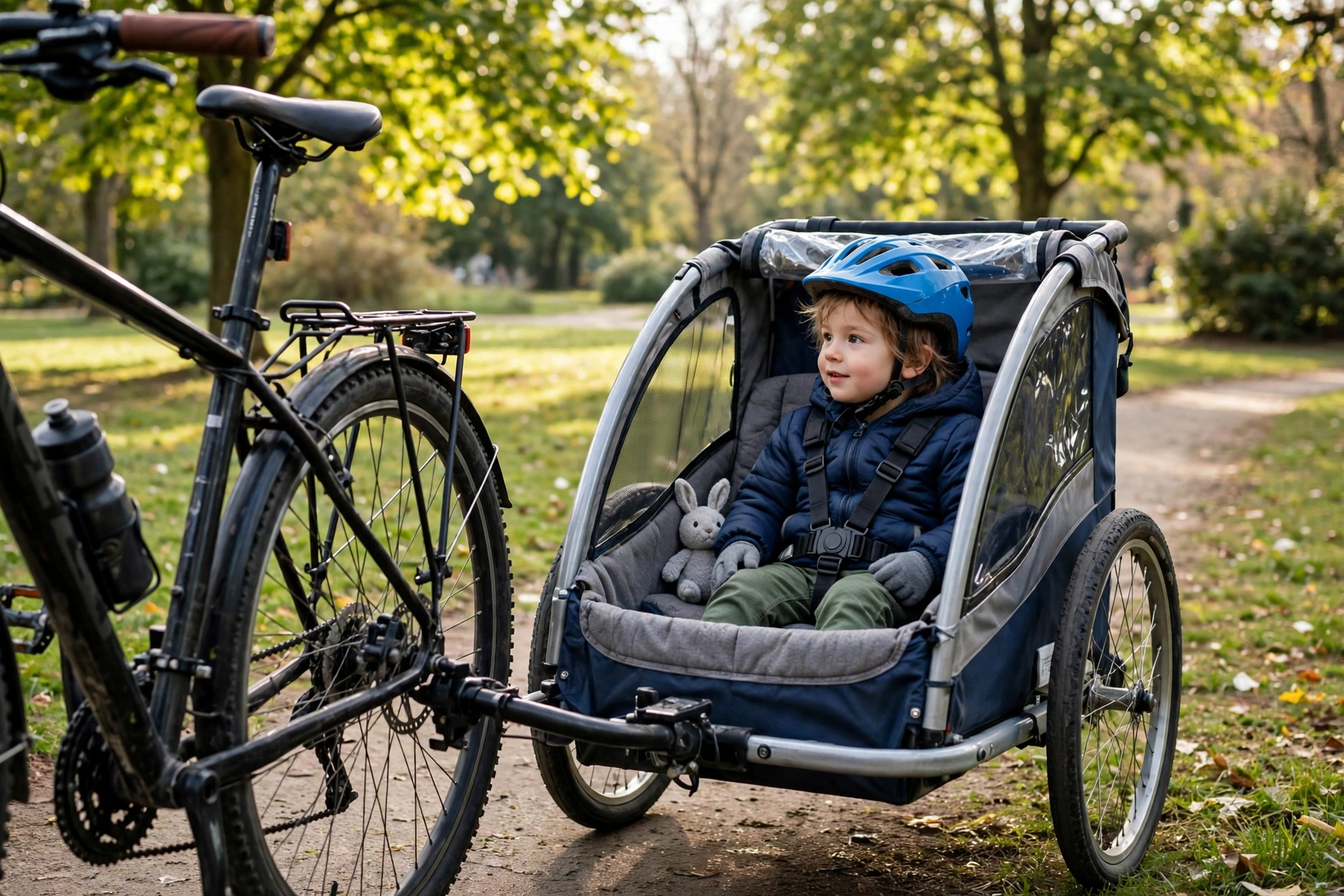 Child wearing a helmet while riding as a passenger in a bicycle trailer