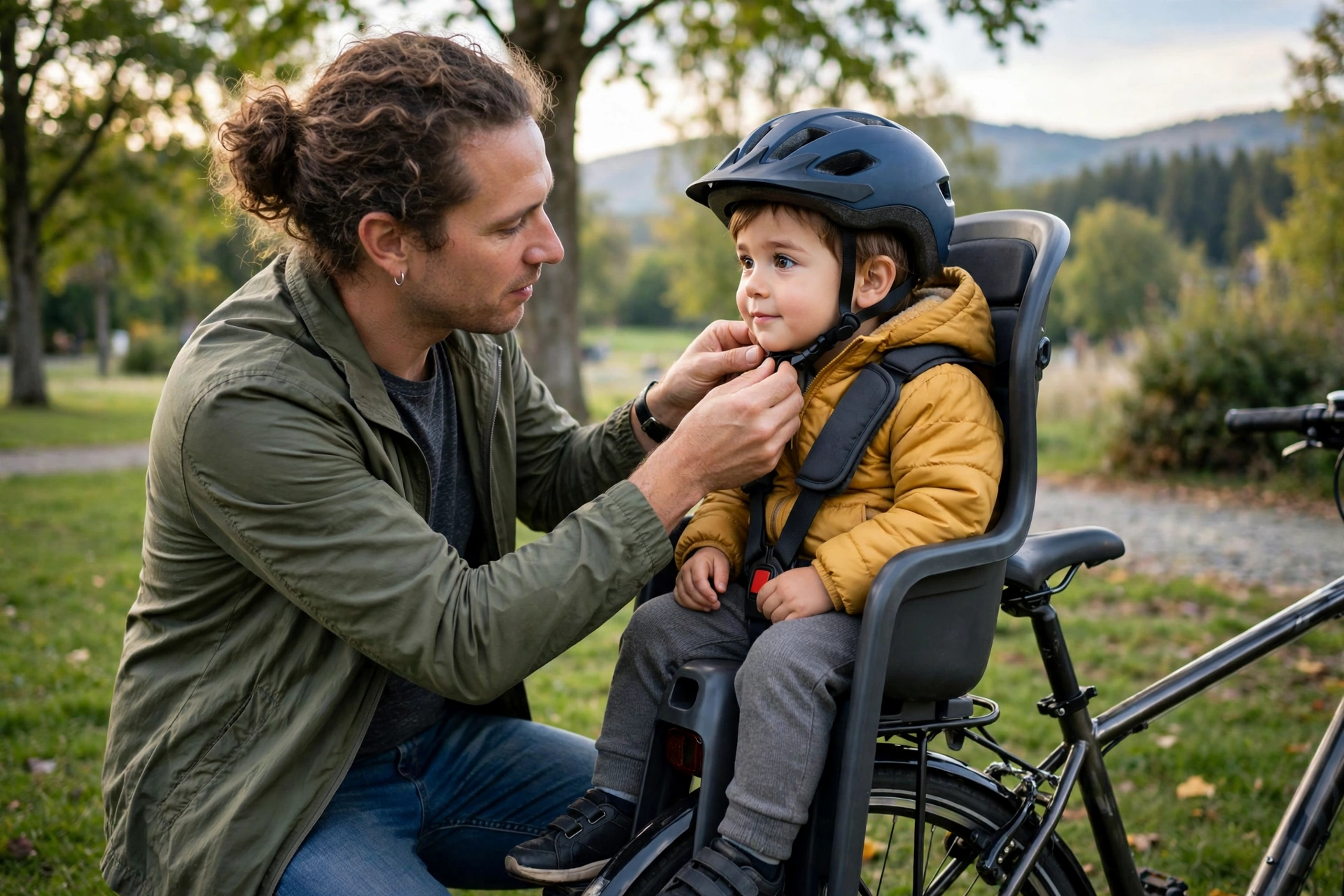 Child seat passenger wearing a bicycle helmet in line with state passenger helmet laws