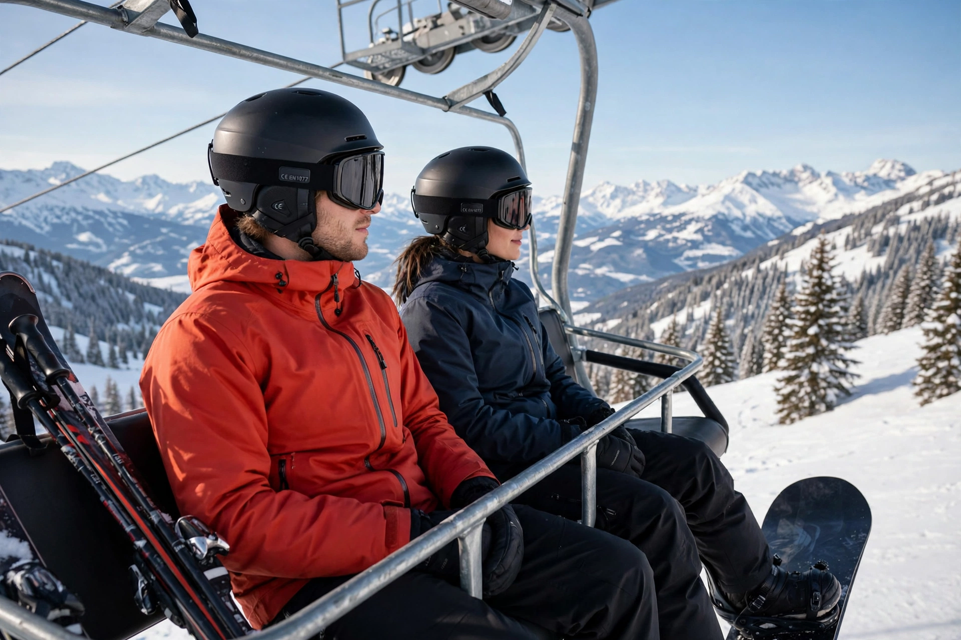 Skier and snowboarder wearing the same style of snow helmet on a chairlift