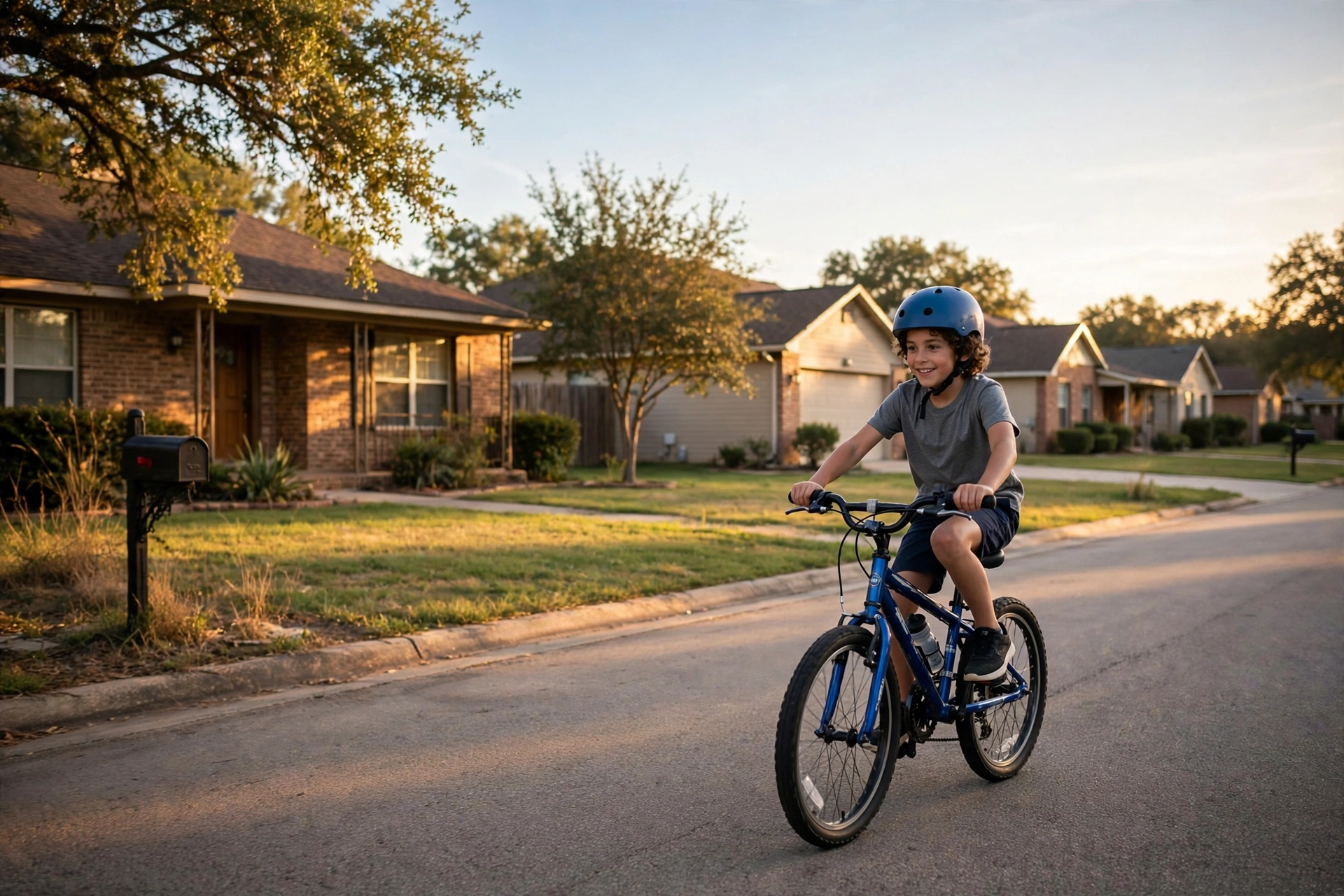 Child wearing a bicycle helmet while riding in Texas
