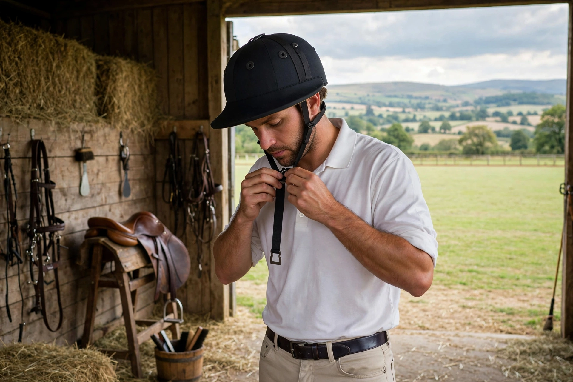 how a polo helmet should fit with the harness adjusted under the ears
