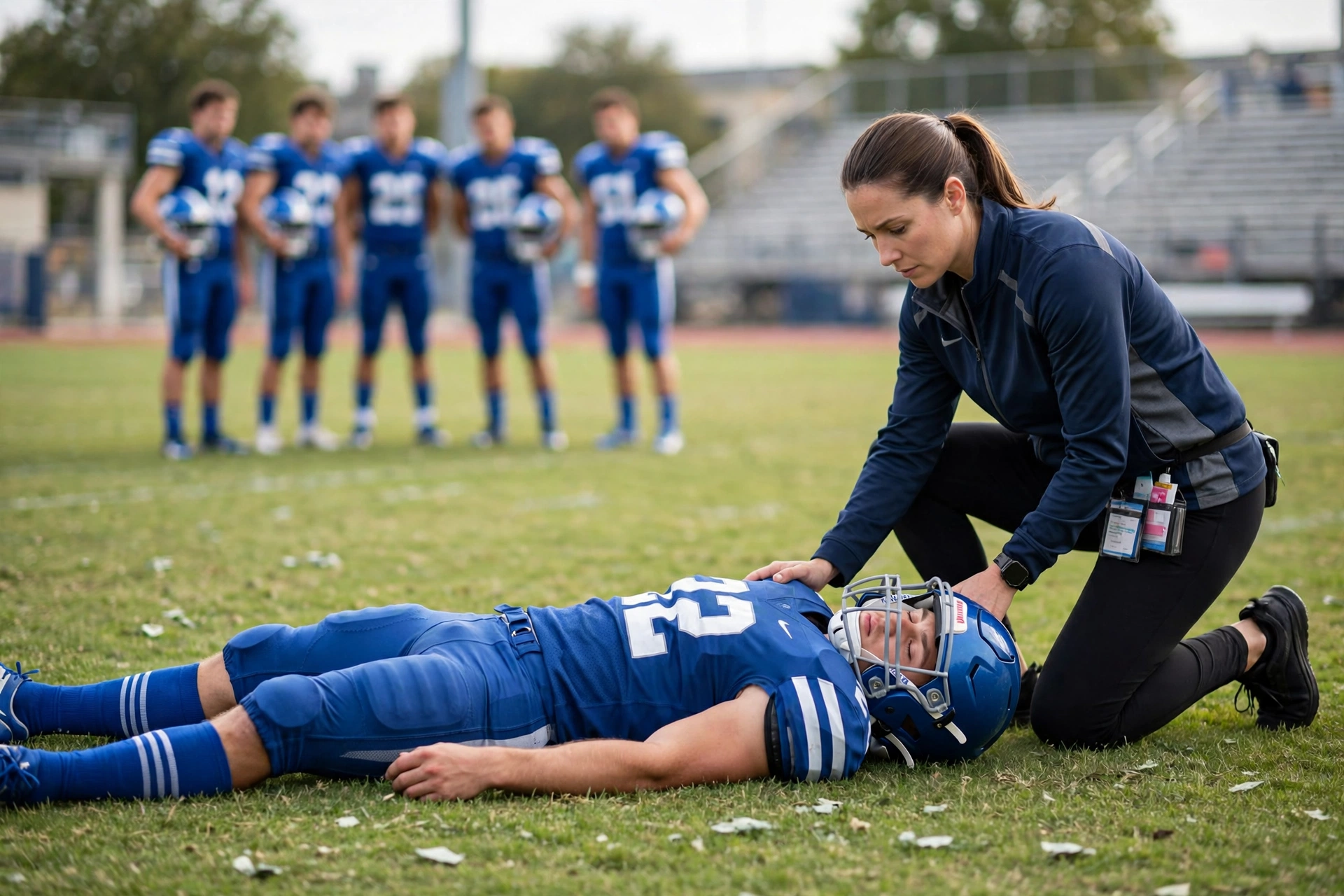 Athletic trainer caring for an injured football player without removing the helmet
