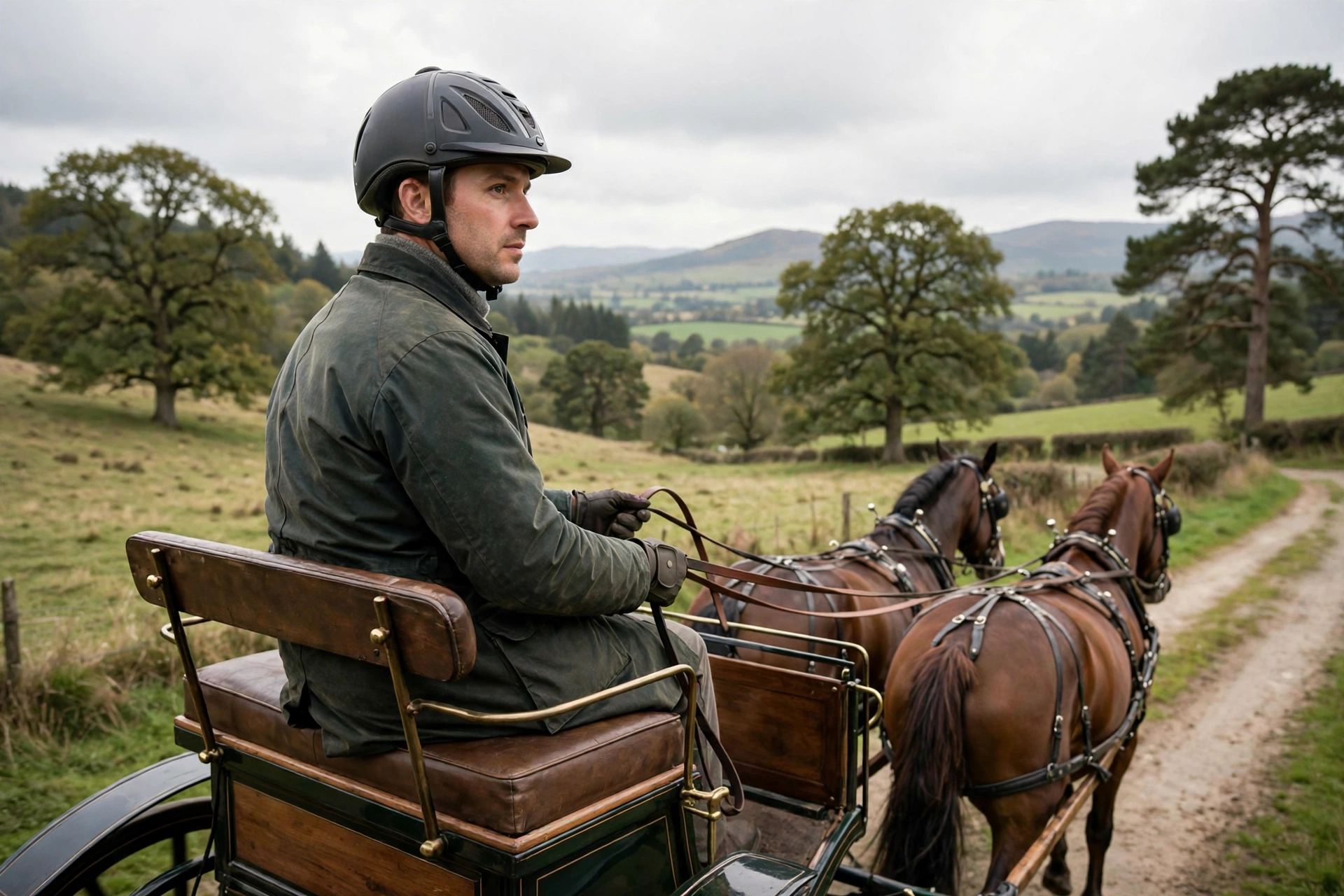 horse carriage driver wearing a helmet while driving on a country road