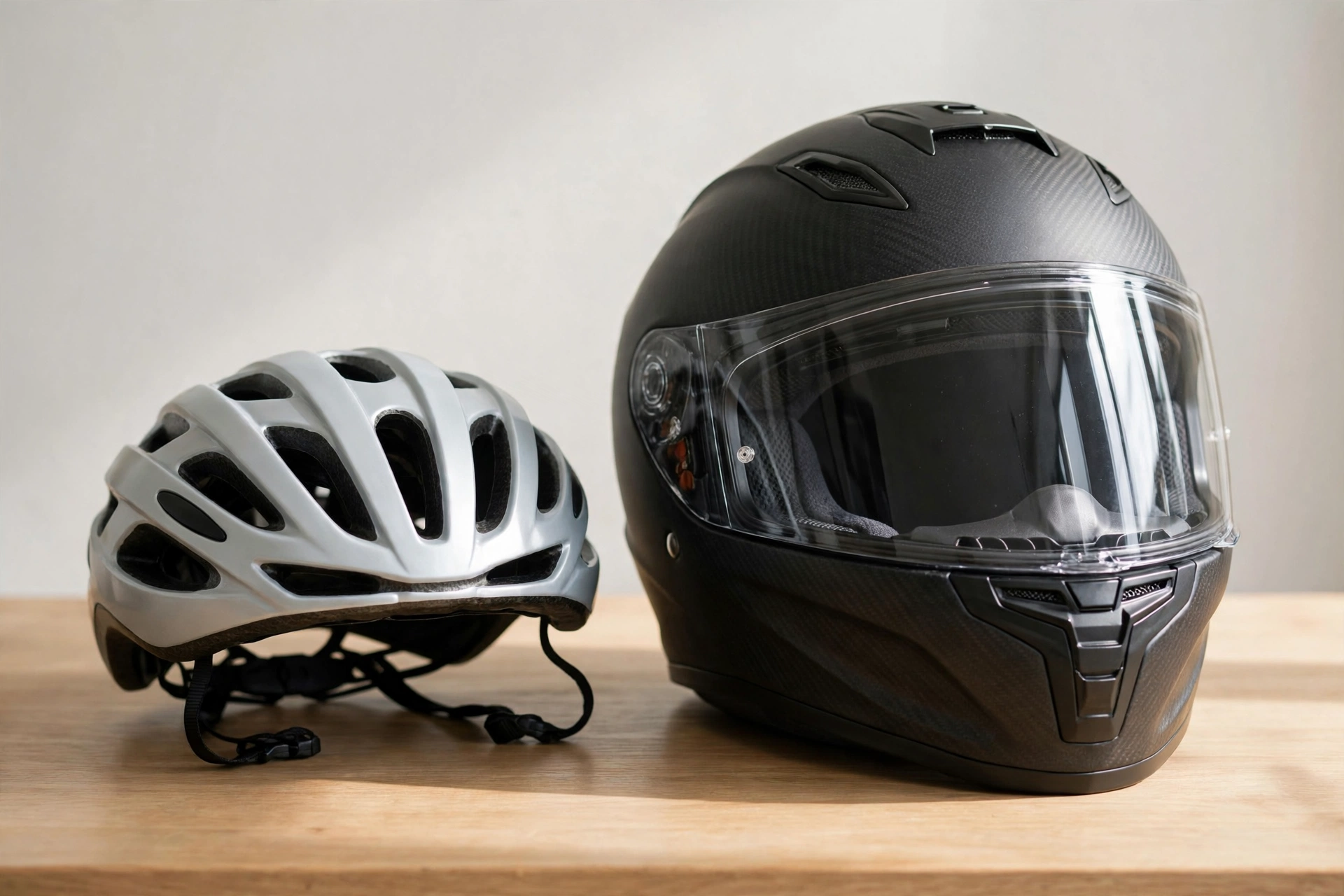 Bike helmet vs motorcycle helmet side by side showing coverage and weight difference