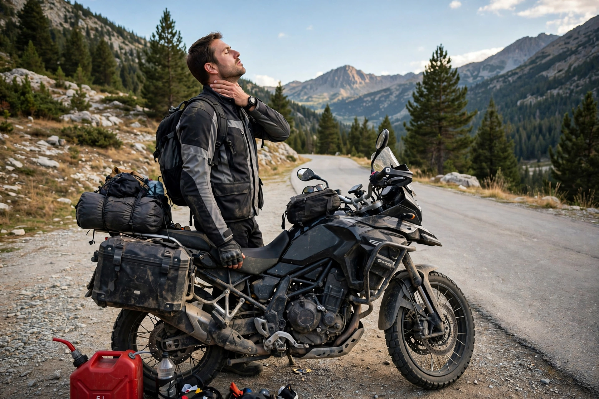 can a heavy helmet cause neck pain rider taking a break on a long ride