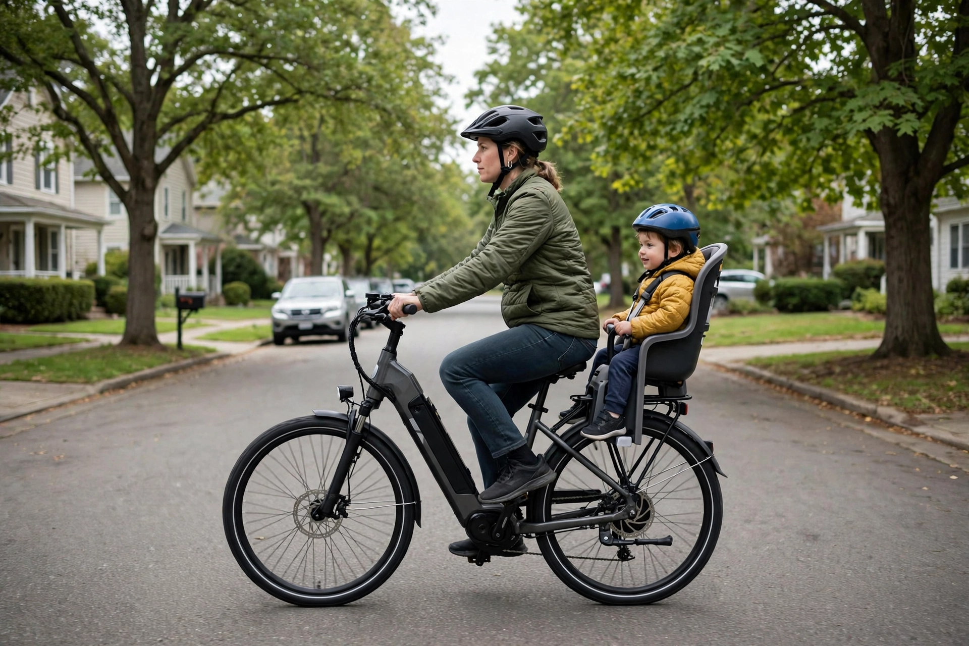 e-bike helmet for riding with a child seat balance and visibility