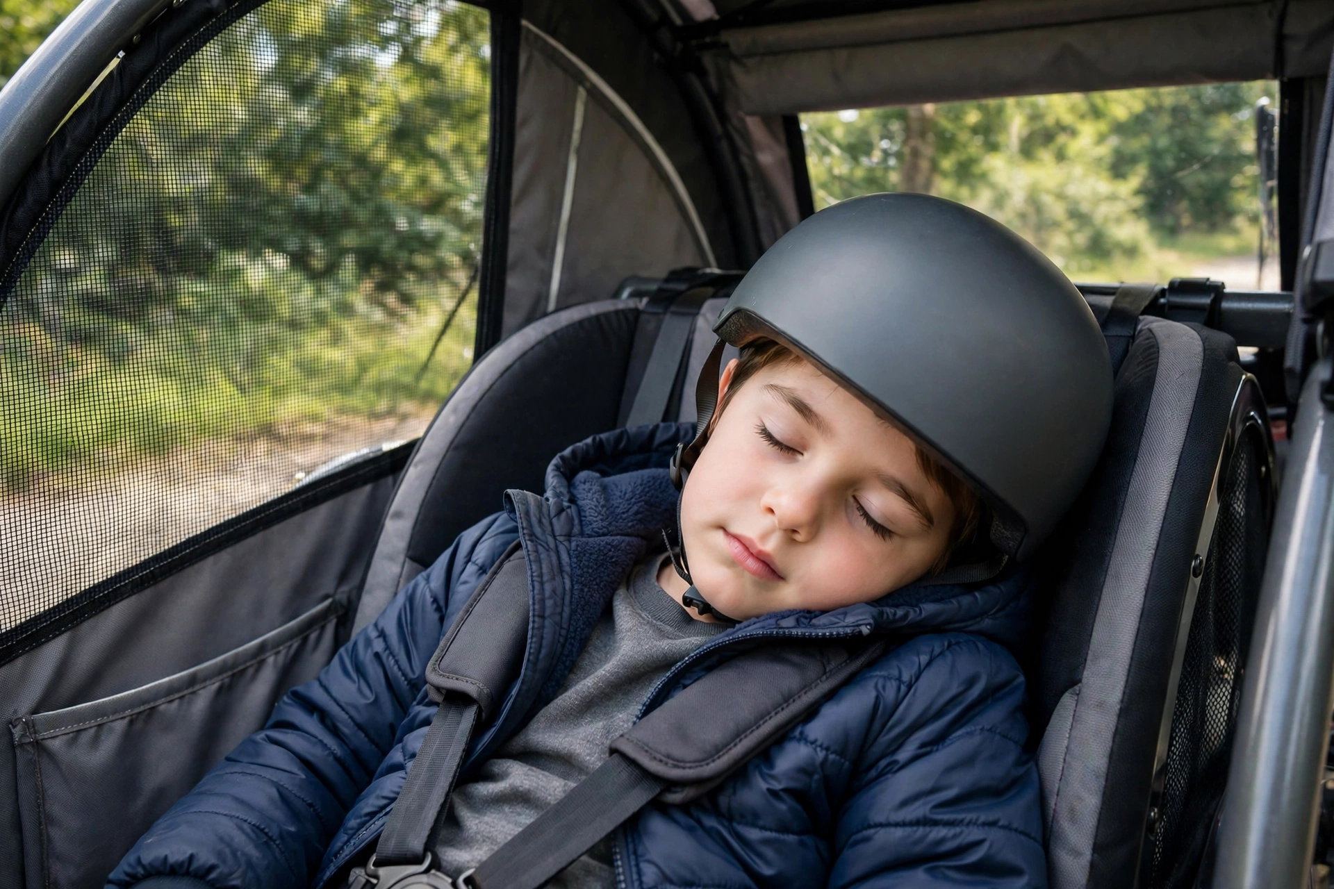 kids helmet for riding in a bike trailer flat back design