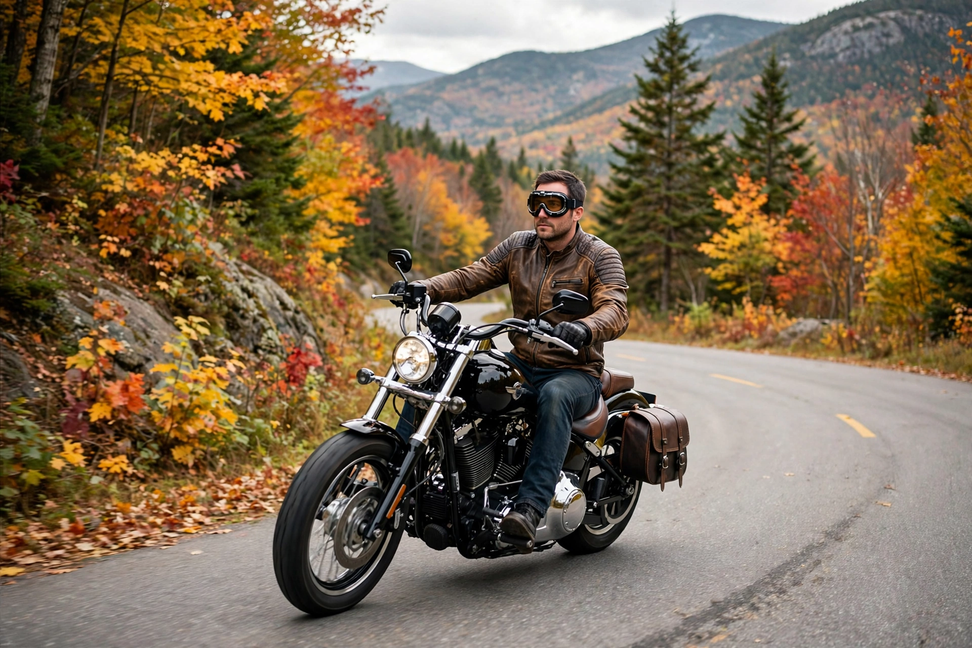 Rider on a motorcycle in New Hampshire where no helmet law applies, wearing required eye protection