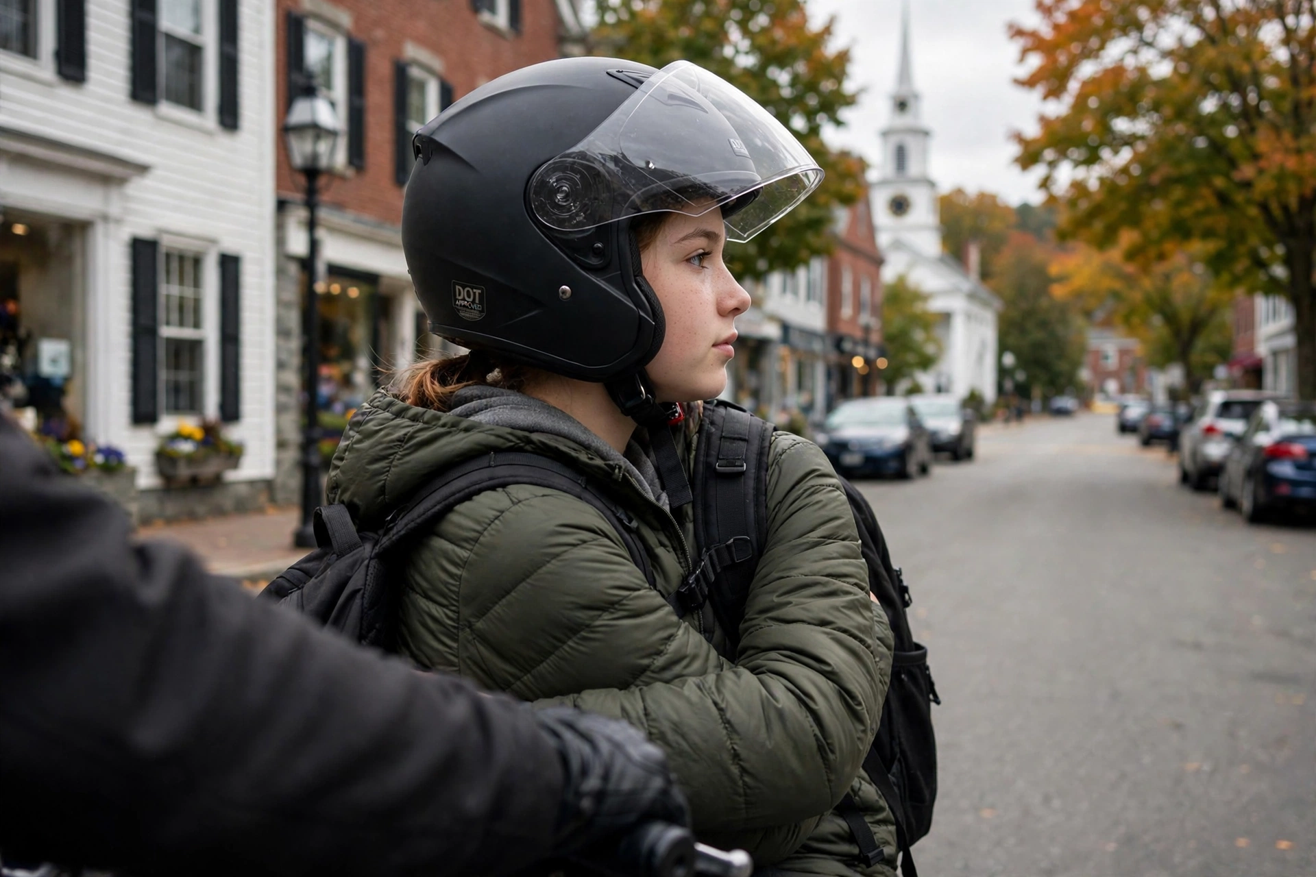 Under-18 motorcycle passenger in Connecticut wearing a helmet as required by state law