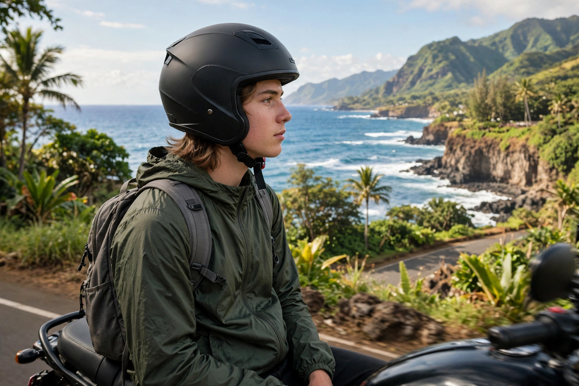 Under-18 passenger wearing a motorcycle helmet in Hawaii as required by state helmet law