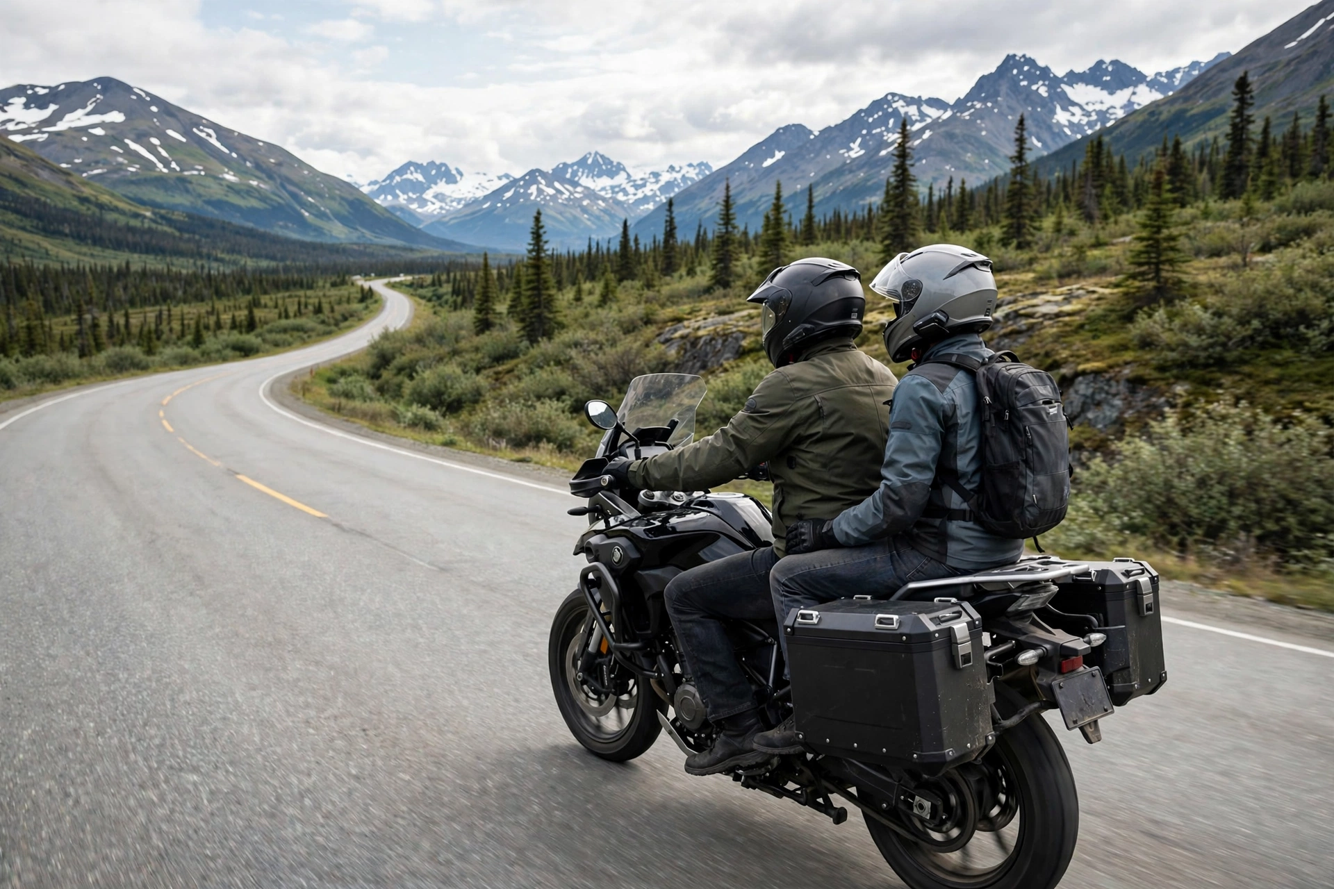 Motorcycle passenger wearing a required helmet in Alaska while riding behind an adult operator