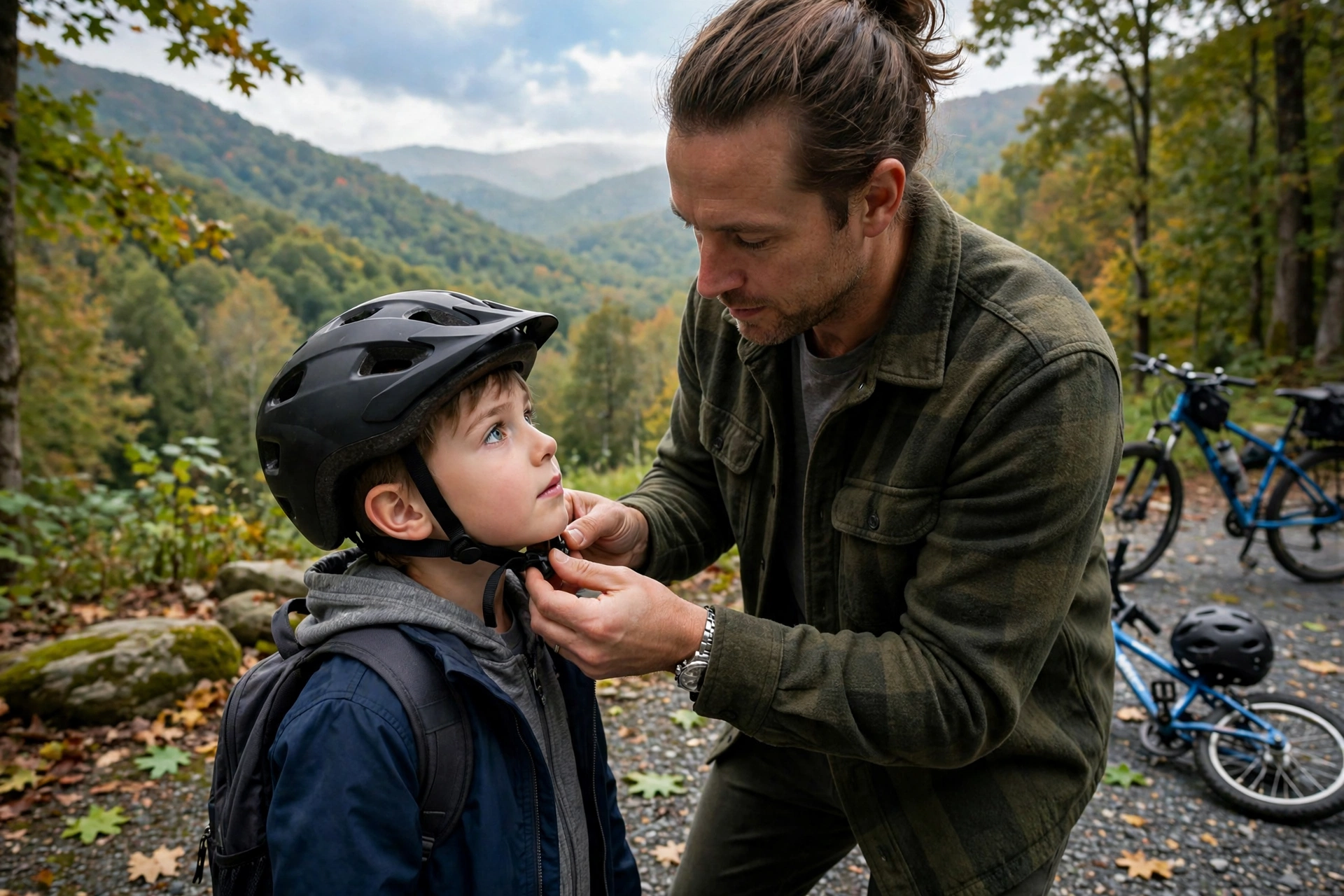 Parent fitting a child's helmet under the West Virginia bicycle helmet law for children