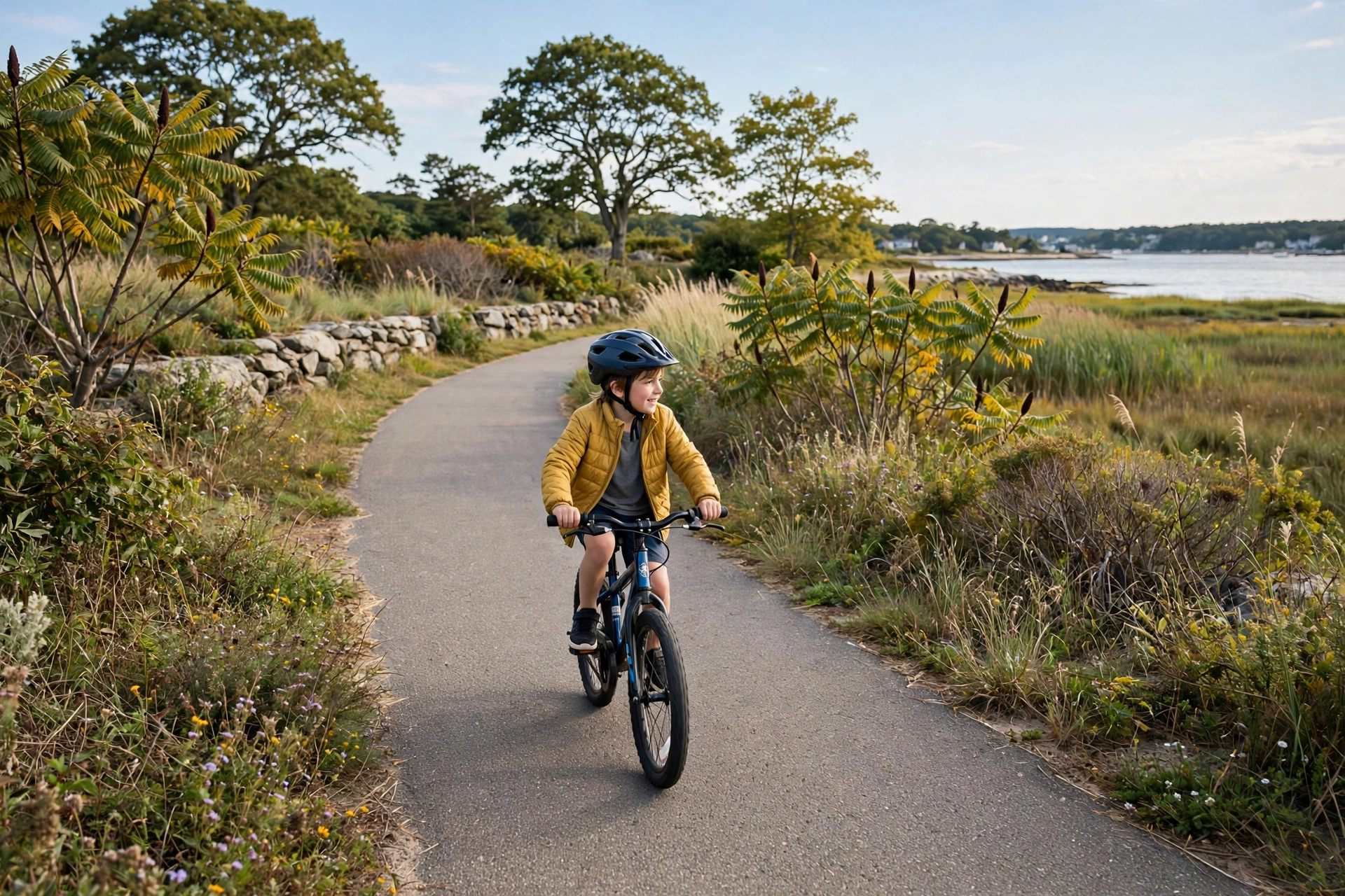 Child wearing a bicycle helmet as required by the Rhode Island bicycle helmet law for riders 15 and under