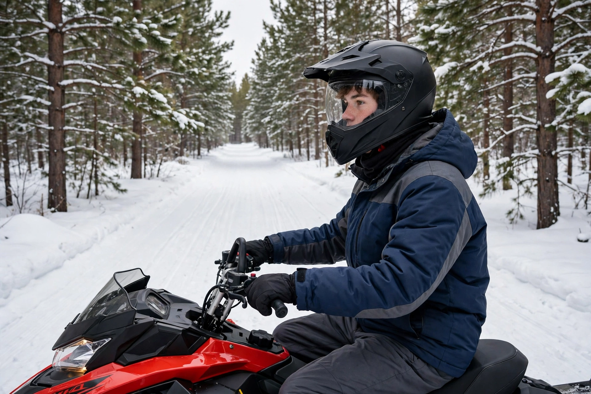 Minnesota snowmobile rider under 18 wearing a required DOT helmet on a winter trail