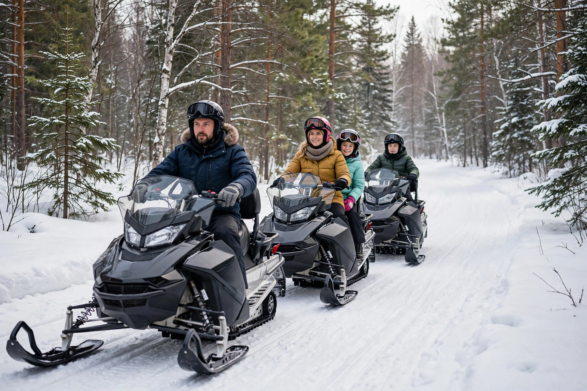 Wisconsin snowmobile riders wearing helmets voluntarily on a groomed winter trail