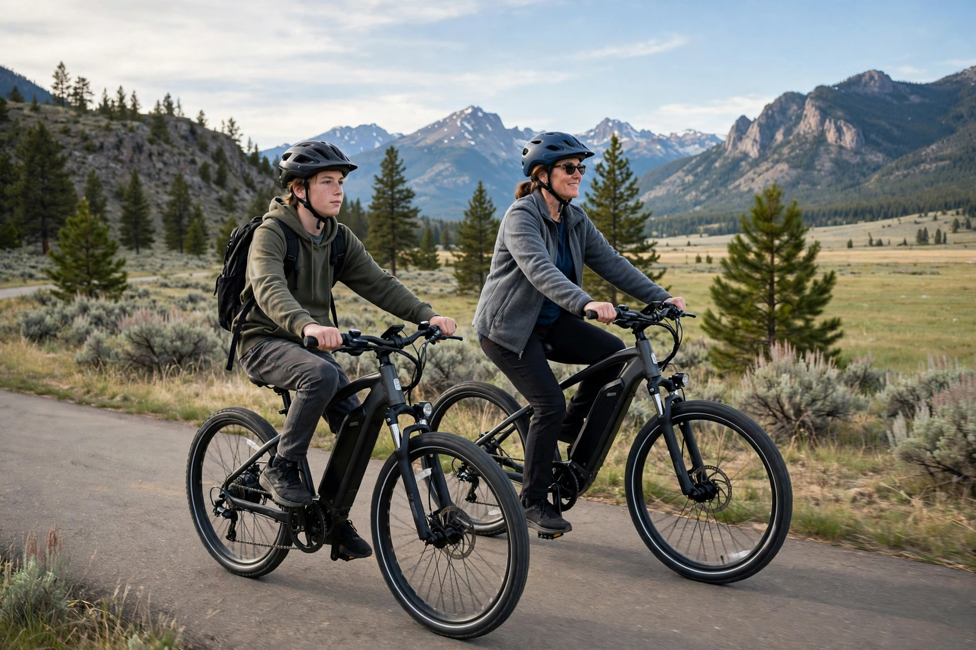 Montana e-bike riders wearing helmets voluntarily on a scenic bike path