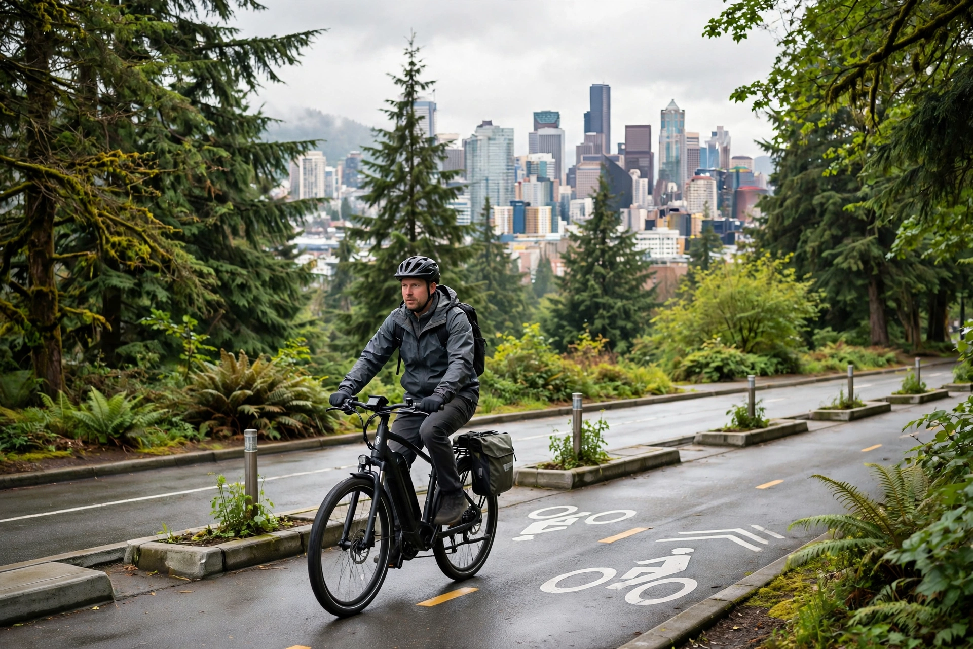 Washington e-bike rider wearing a helmet as required by many local city and county laws