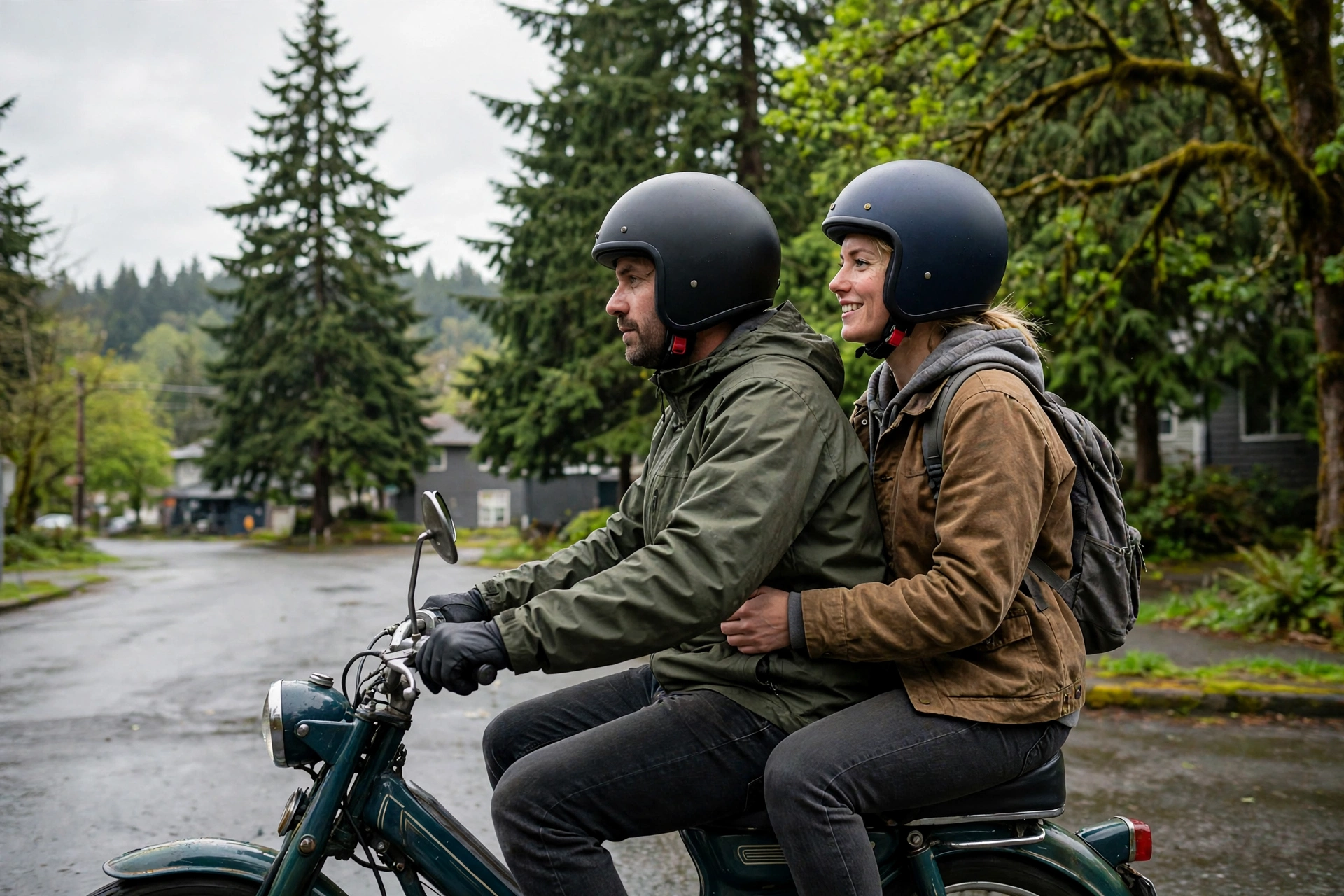 Oregon moped rider and passenger wearing DOT helmets as required by Oregon law