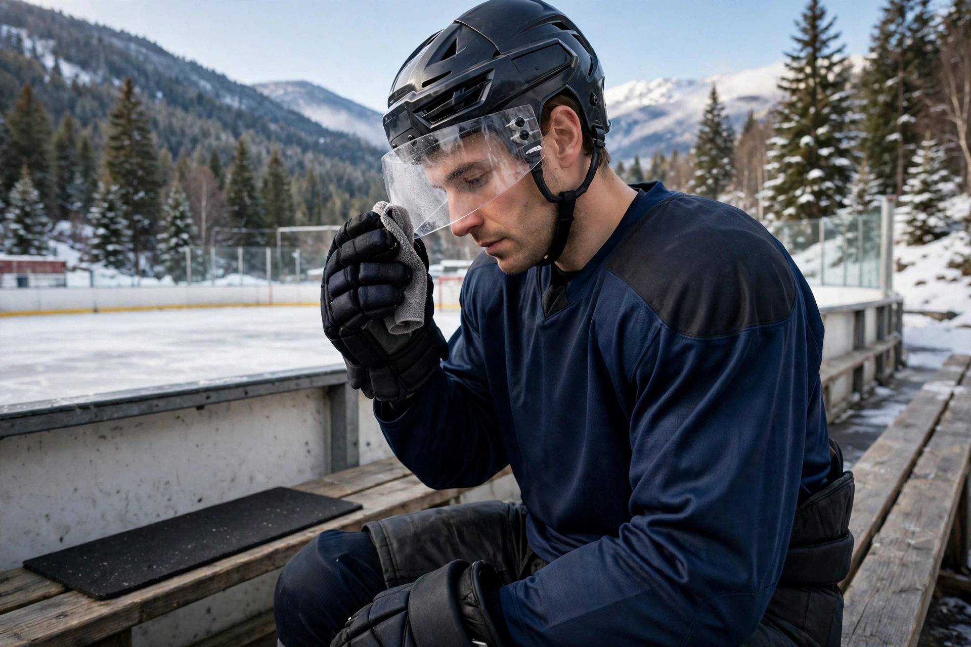Player wiping a fogged hockey helmet visor on the bench
