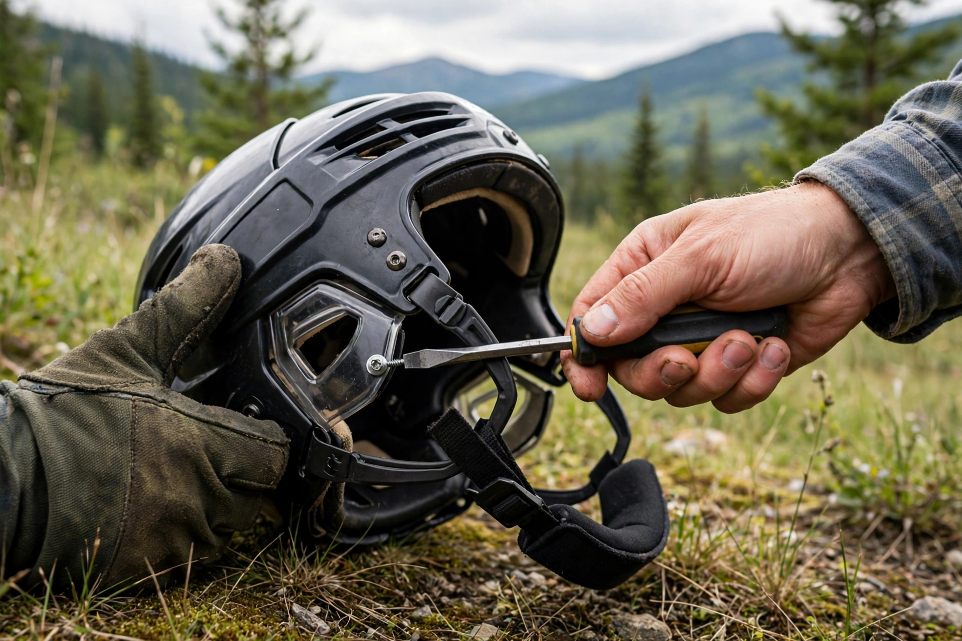 Removing the old chin strap screws from a hockey helmet