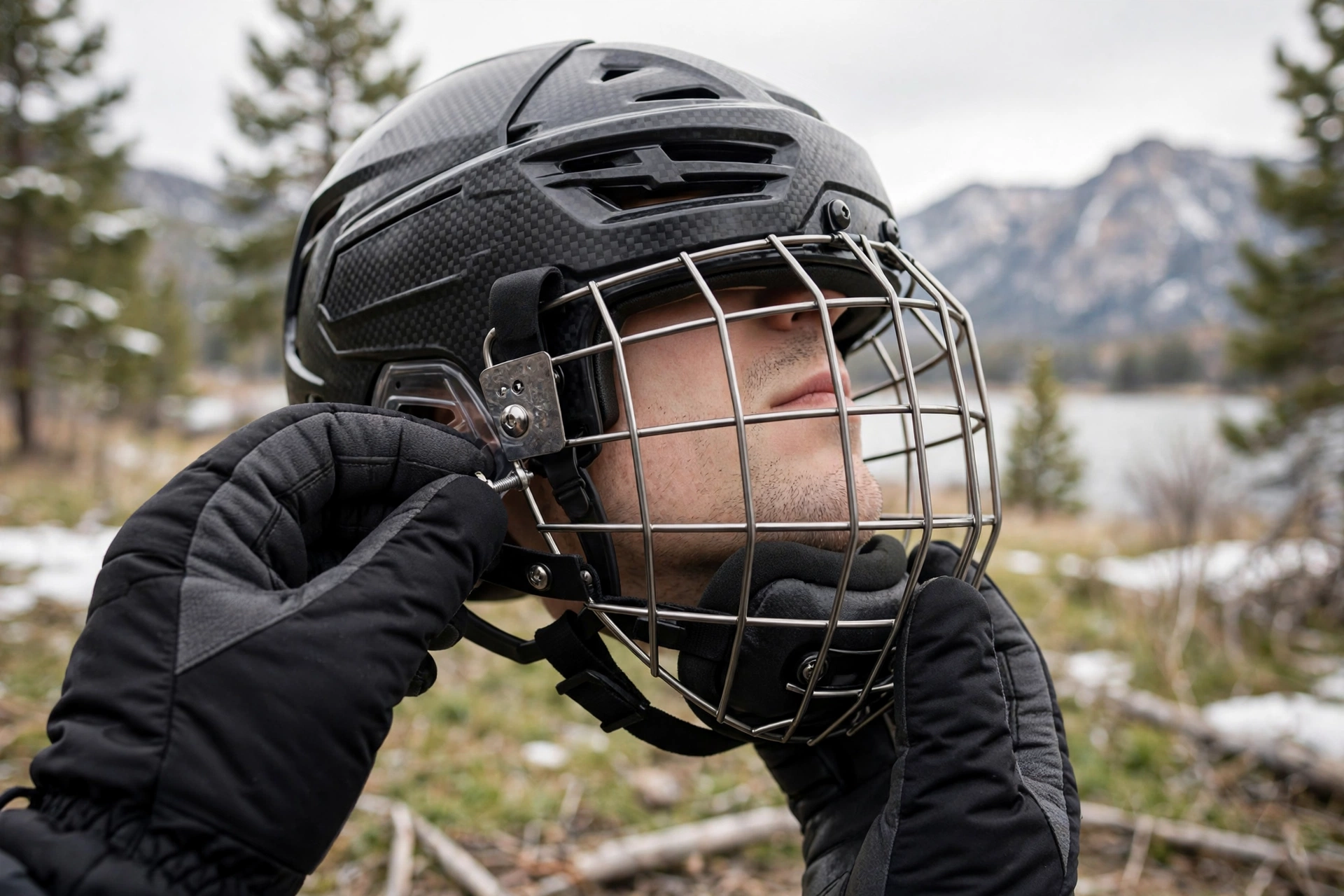 Adjusting a hockey helmet cage position on its mounts