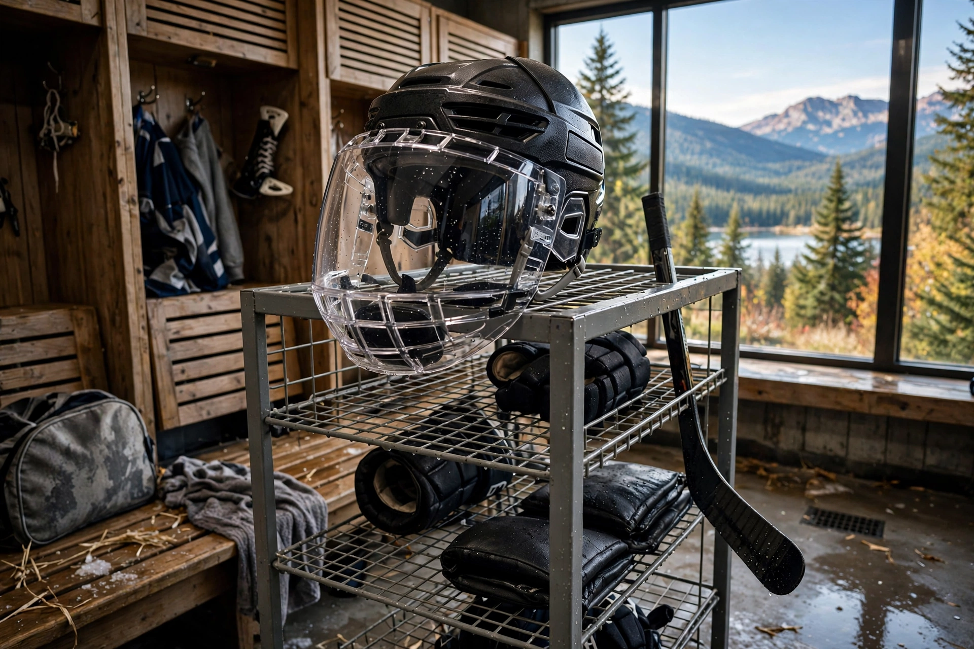 Hockey helmet airing out on a rack to prevent visor fog
